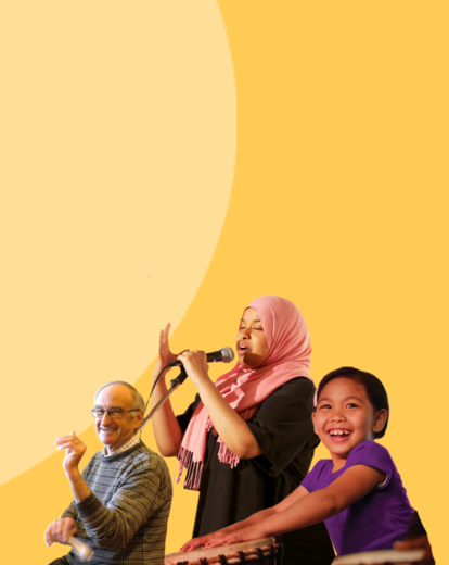 front page hero image: three images of various community members in a classroom setting against a yellow background