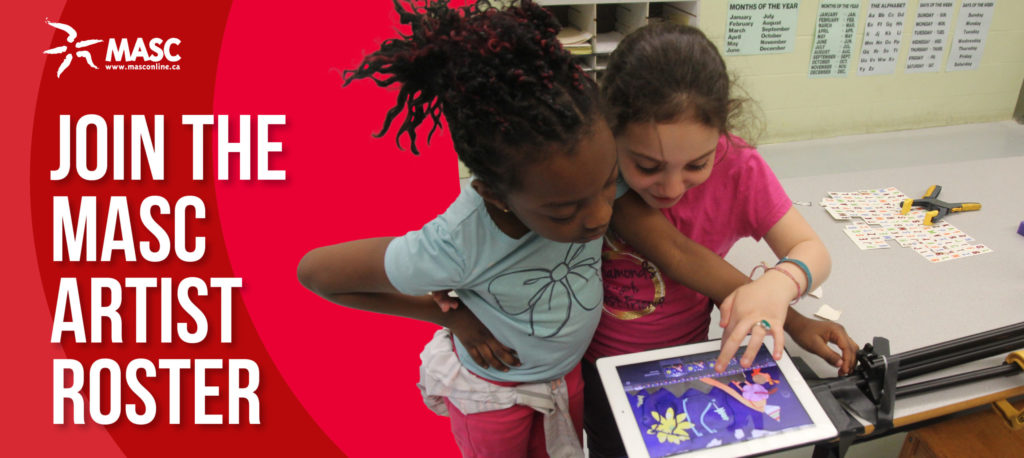 Two young girls interacting with an tablet device with text to the left of flyer reading Join the MASC Artist Roster.