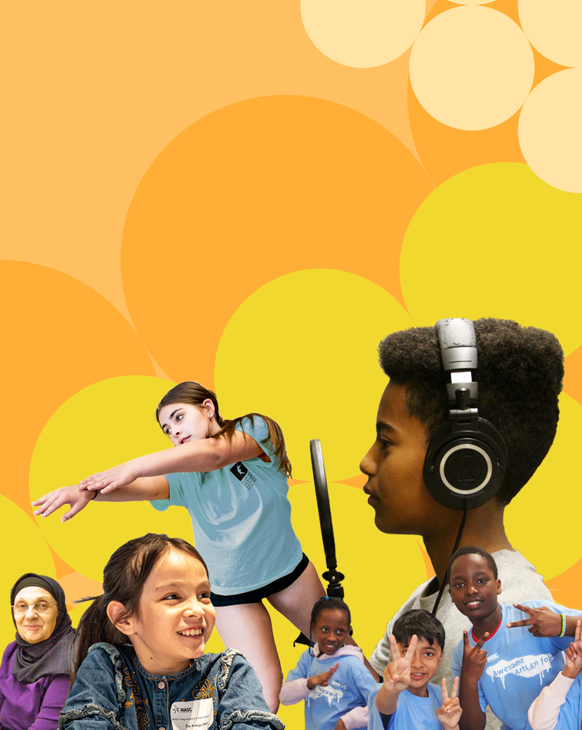 front page hero image: three images of various community members in a classroom setting against a yellow background